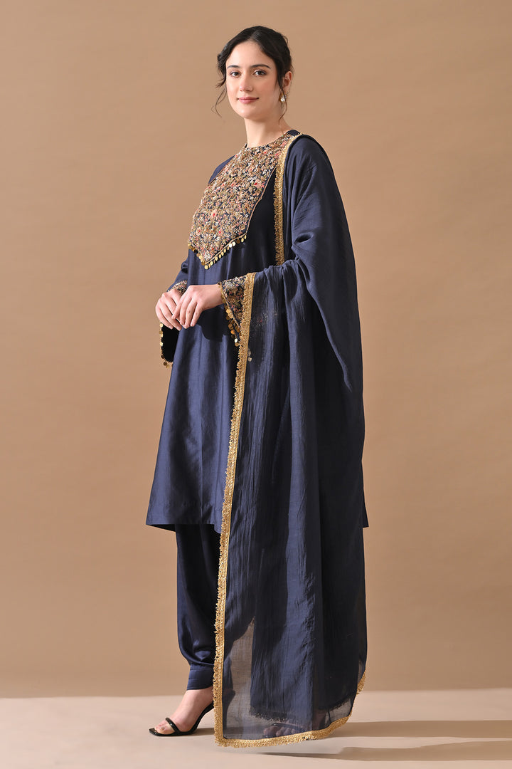 Midnight Blue Floral Hand-Embroidered Silk Kurta Set