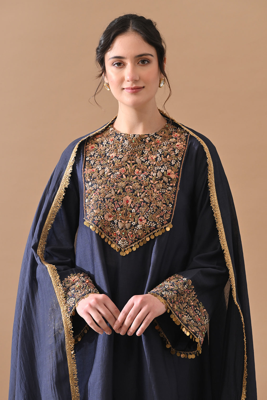 Midnight Blue Floral Hand-Embroidered Silk Kurta Set