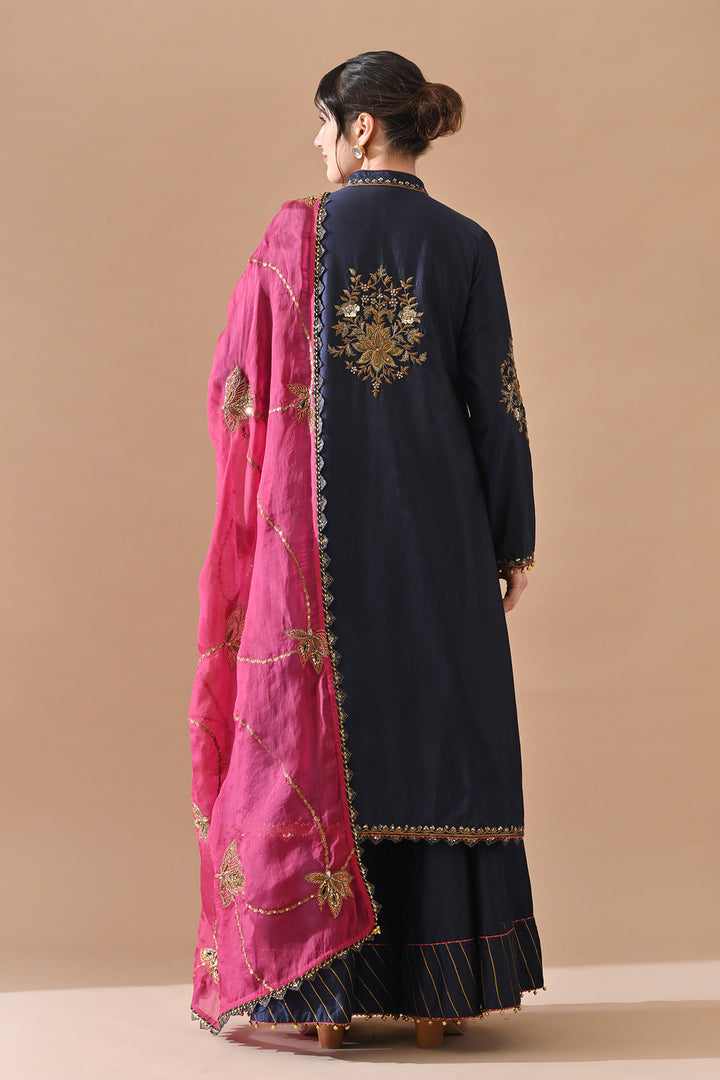 Navy Blue Panel Embroidered Suit With Contrast Dupatta