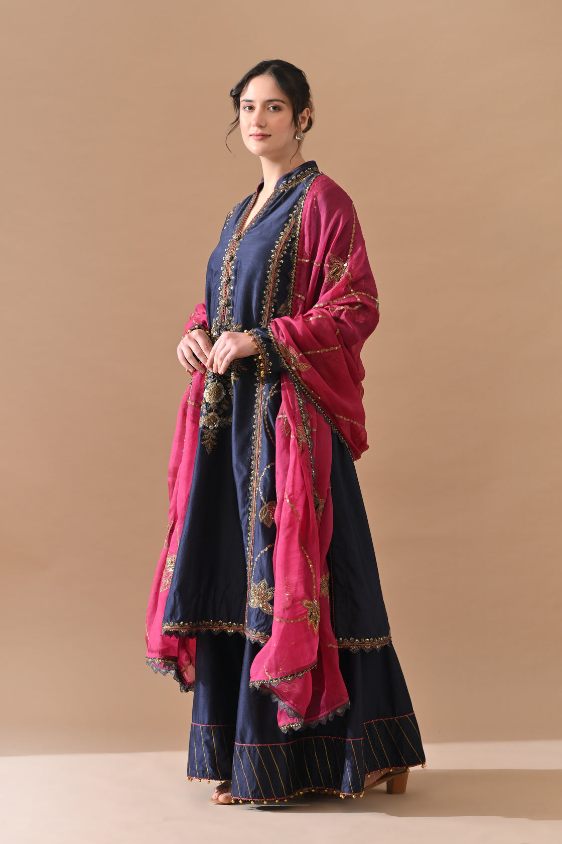Navy Blue Panel Embroidered Suit with Contrast Dupatta