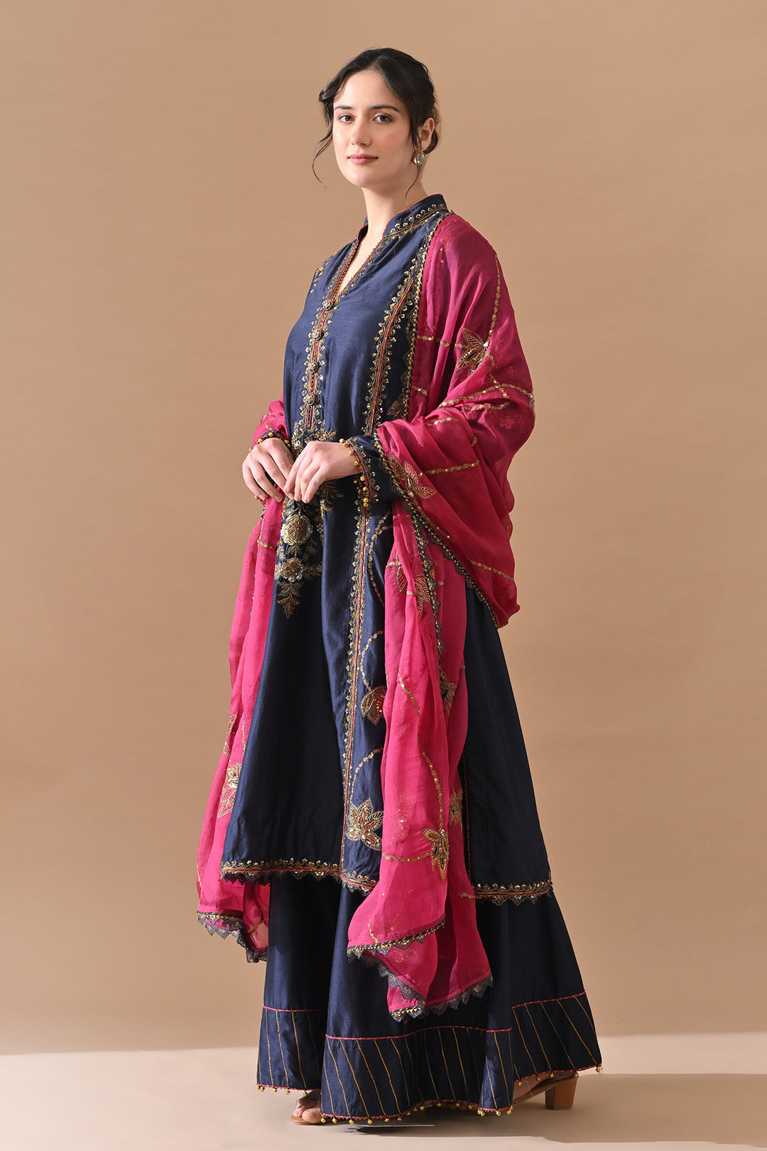 Navy Blue Panel Embroidered Suit With Contrast Dupatta