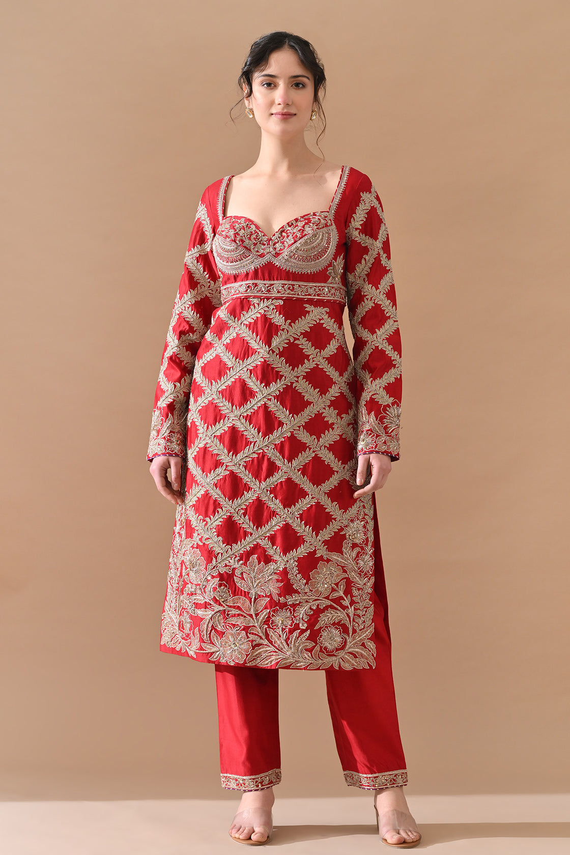 Deep Red Lattice Embroidered Suit Set