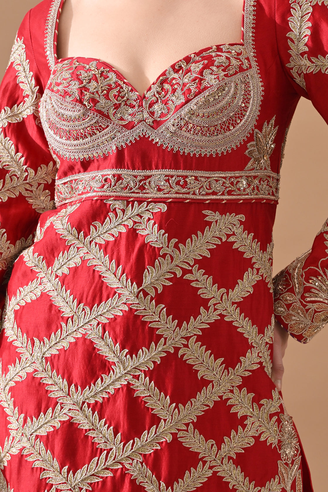 Deep Red Lattice Embroidered Suit Set