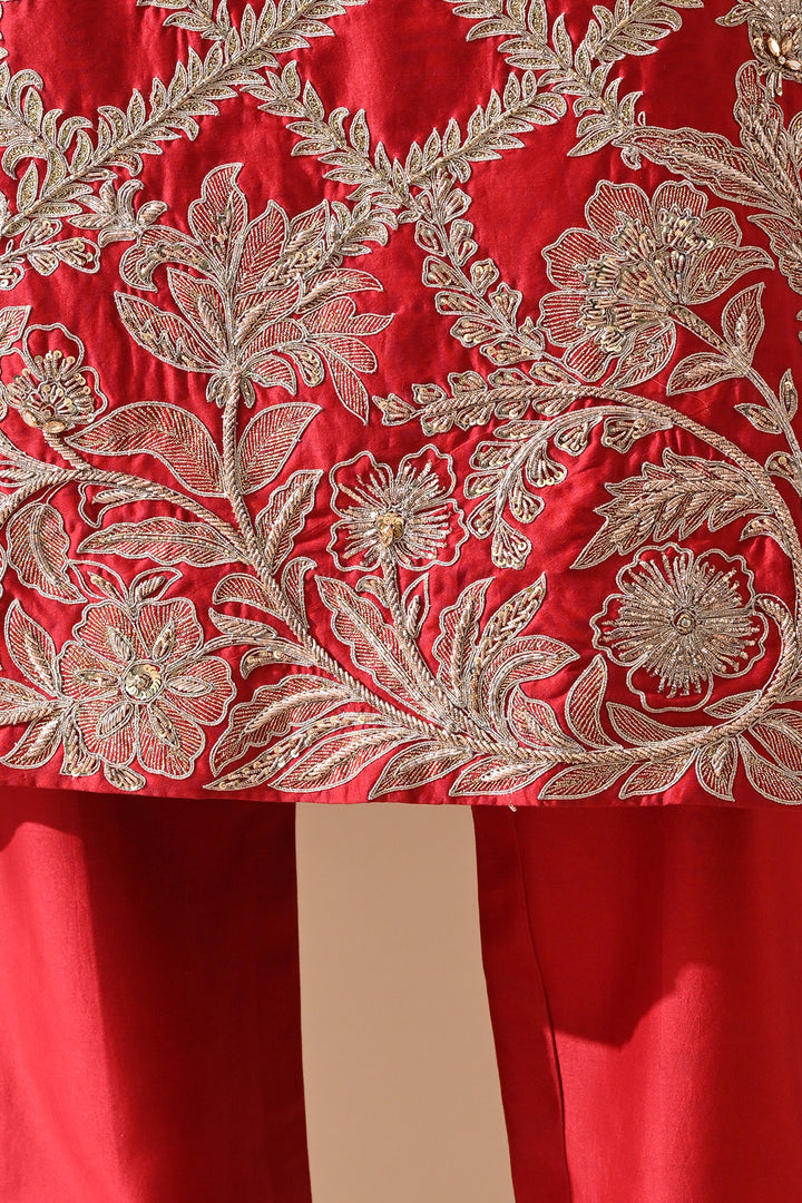 Deep Red Lattice Embroidered Suit Set