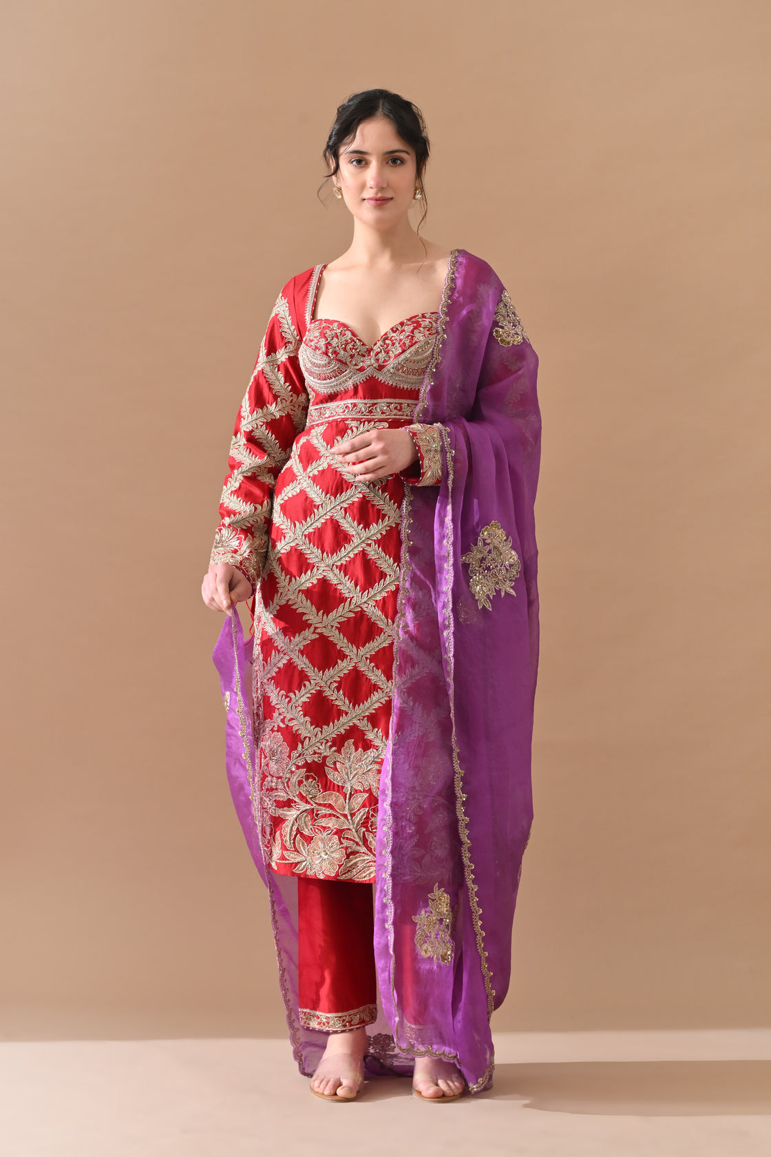 Deep Red Lattice Embroidered Suit Set