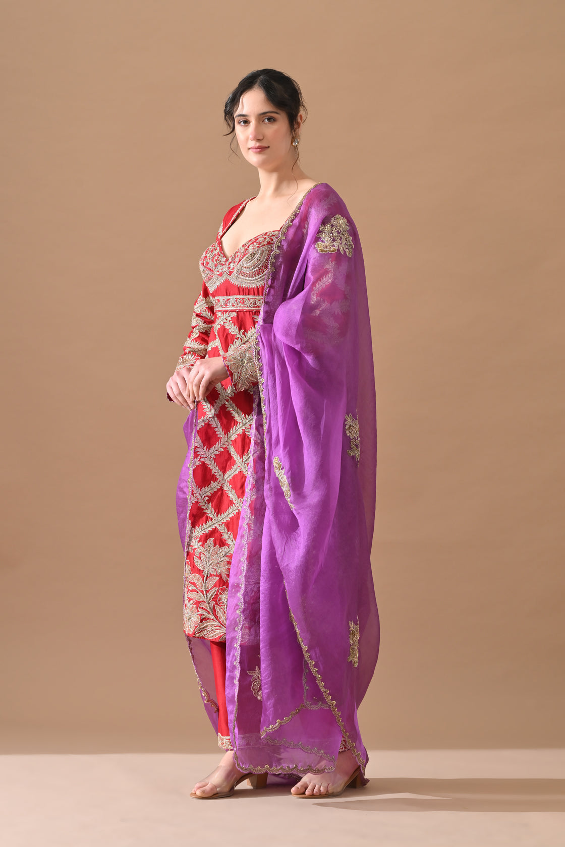 Deep Red Lattice Embroidered Suit Set