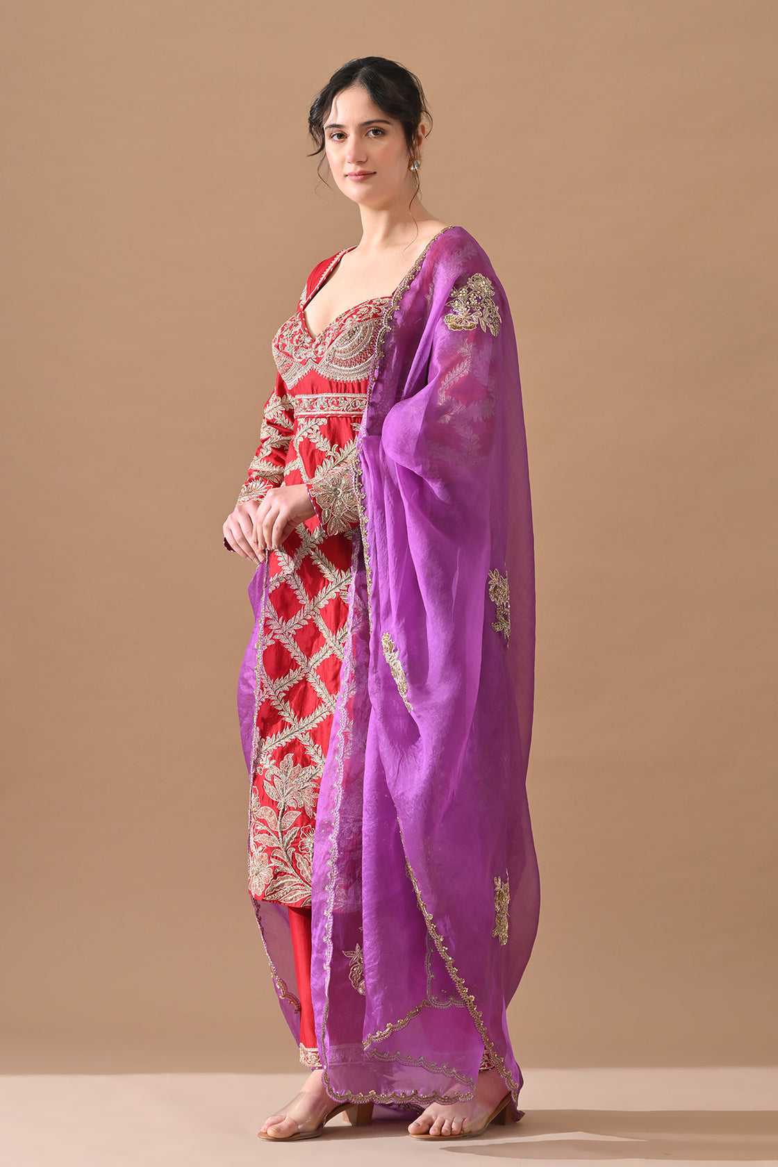 Deep Red Lattice Embroidered Suit Set