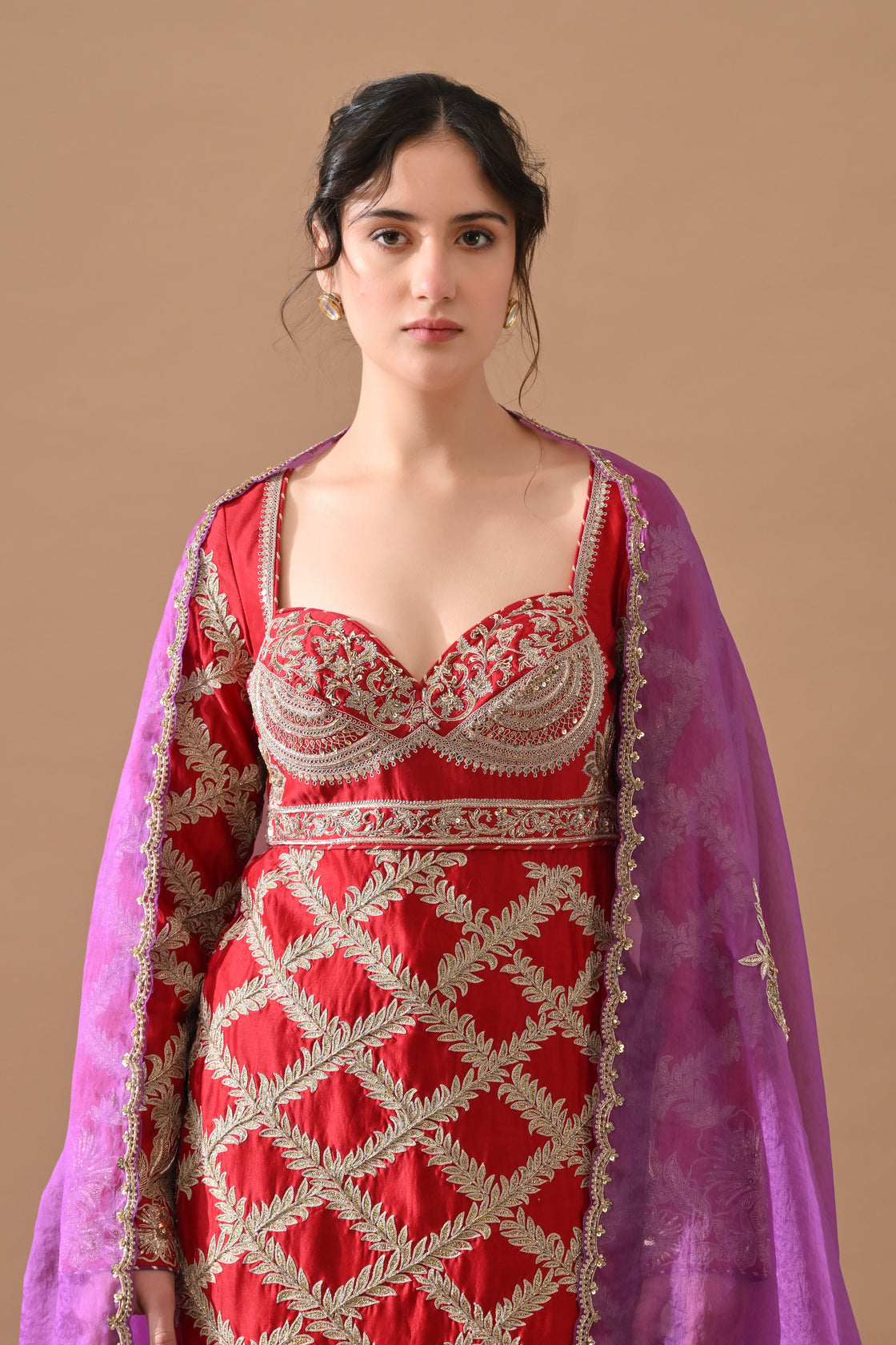 Deep Red Lattice Embroidered Suit Set