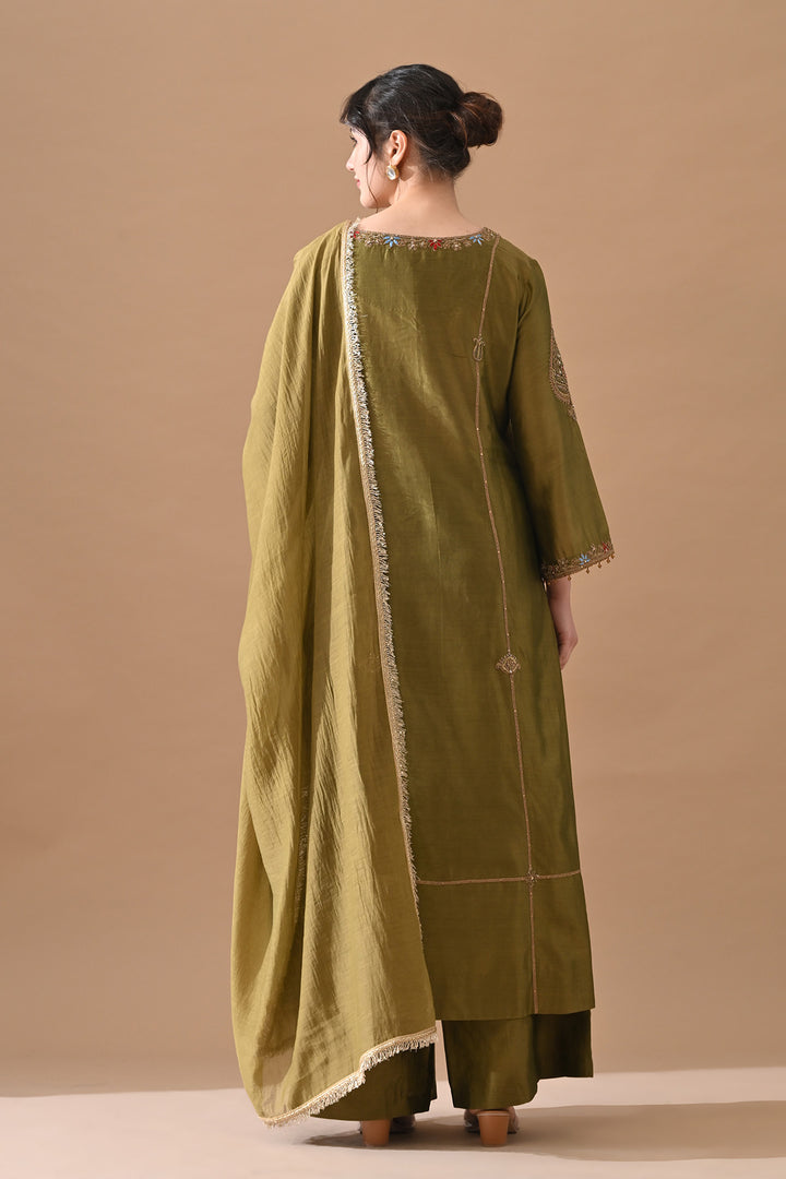 Olive Green Thread Embroidered Suit Set