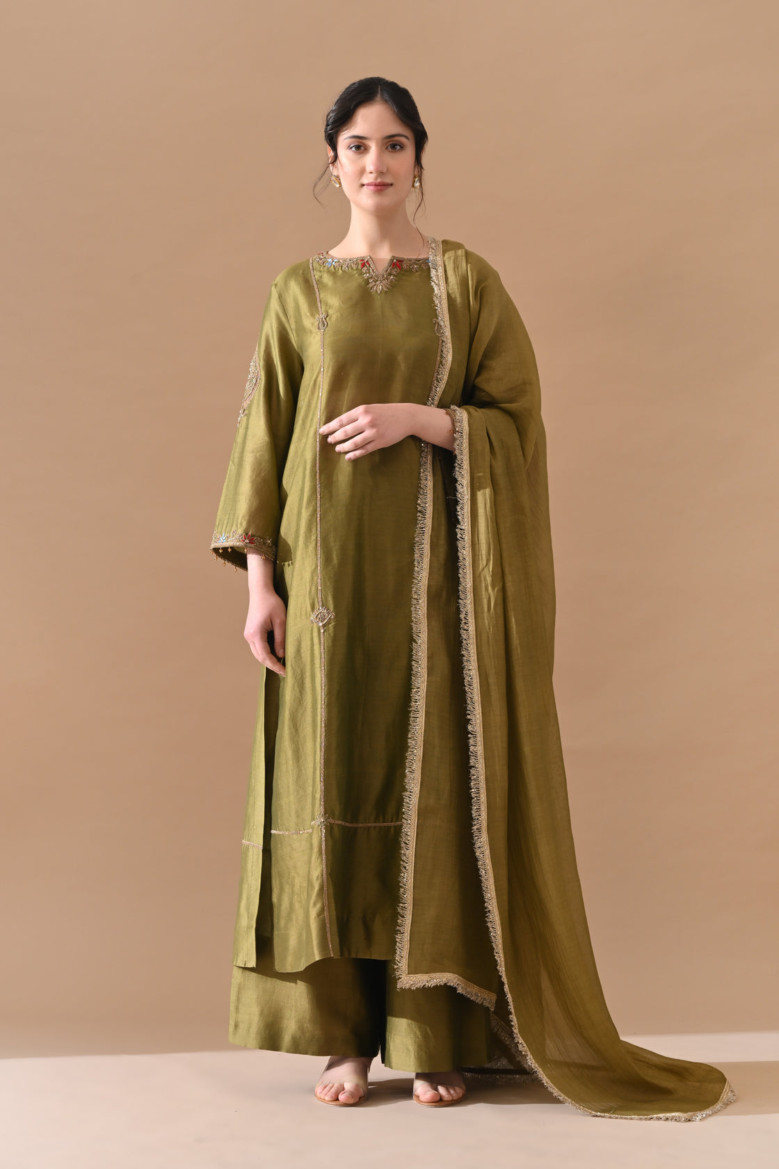 Olive Green Sleek Thread Embroidered Suit Set