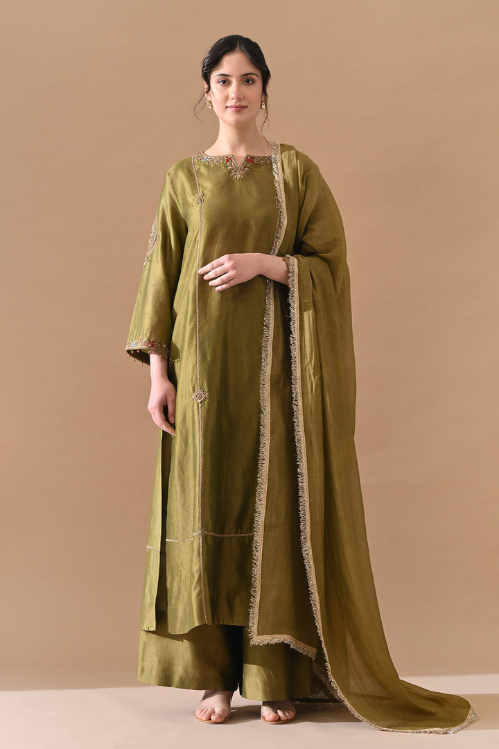 Olive Green Thread Embroidered Suit Set