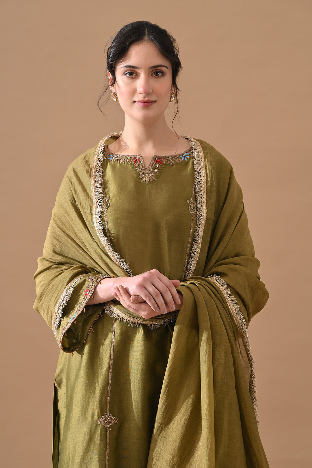 Olive Green Thread Embroidered Suit Set