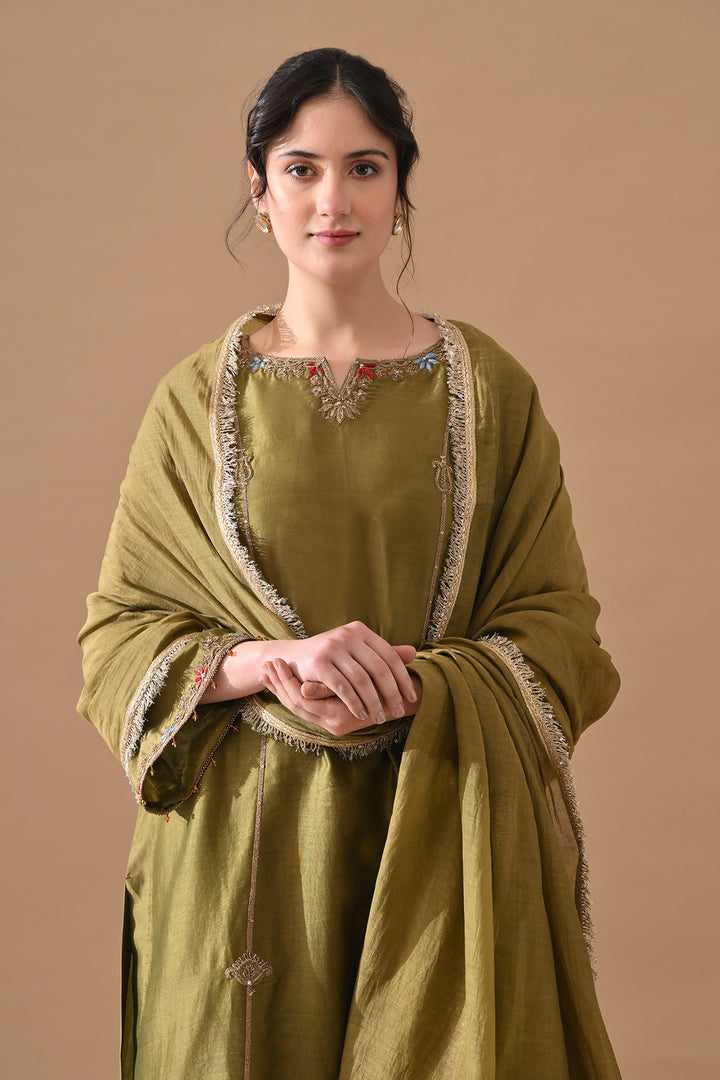 Olive Green Thread Embroidered Suit Set