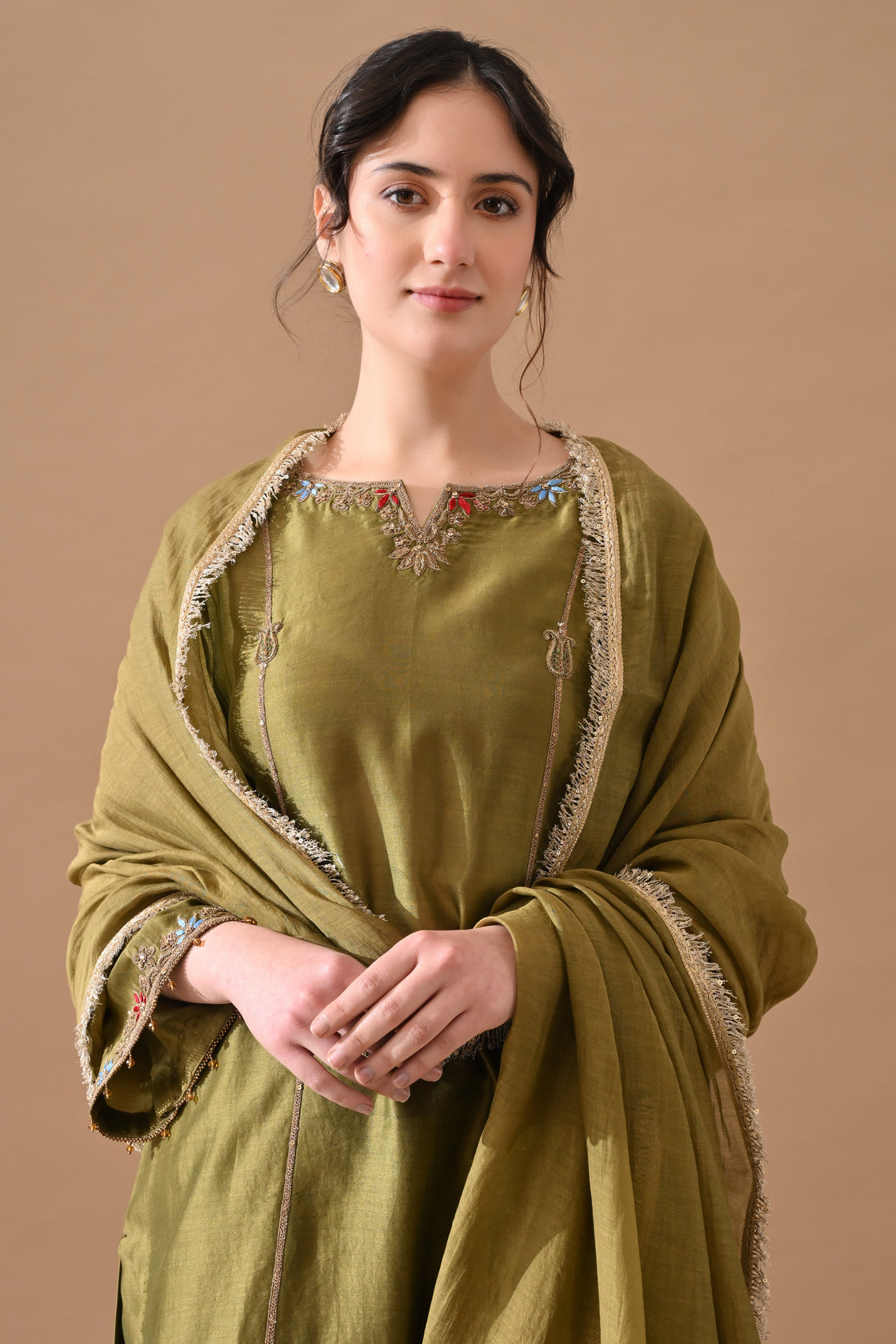 Olive Green Sleek Thread Embroidered Suit Set
