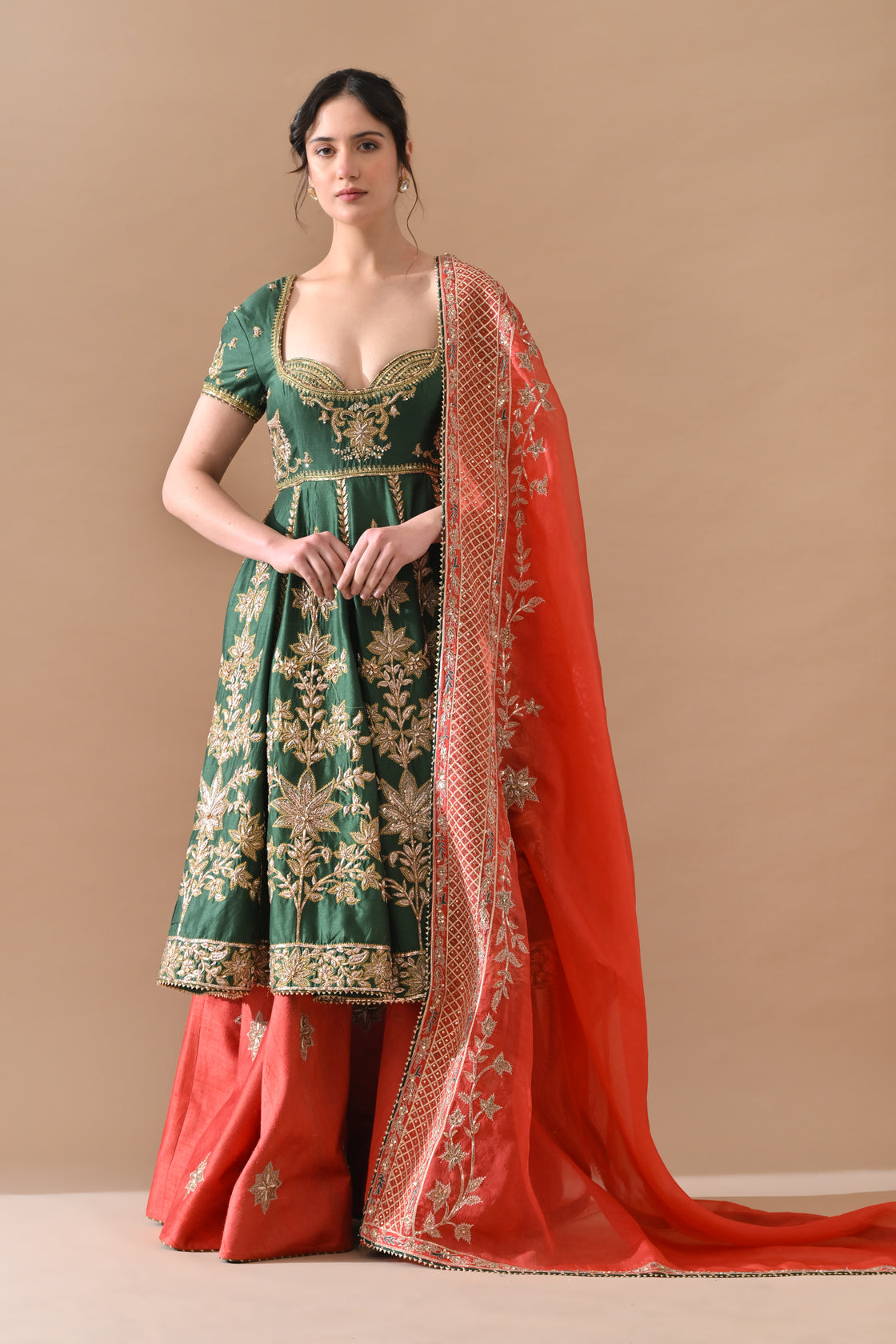 Green Zardozi Embroidered Lehenga with Contrast Handwork Dupatta