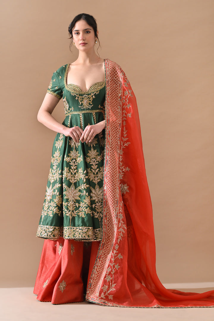 Green Zardozi Embroidered Lehenga With Contrast Handwork Dupatta