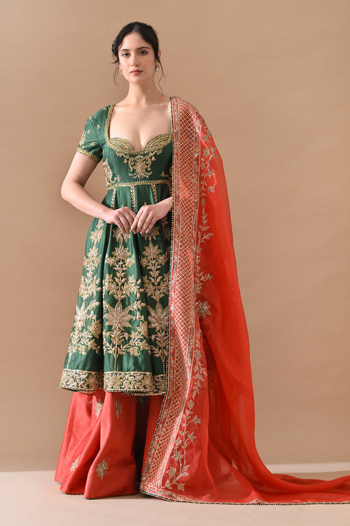 Green Zardozi Embroidered Lehenga With Contrast Handwork Dupatta