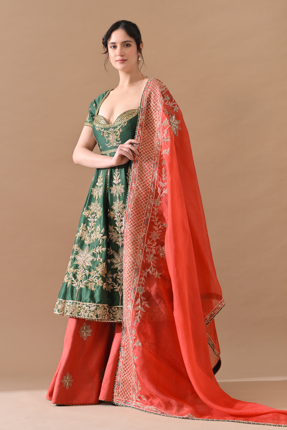 Green Zardozi Embroidered Lehenga with Contrast Handwork Dupatta