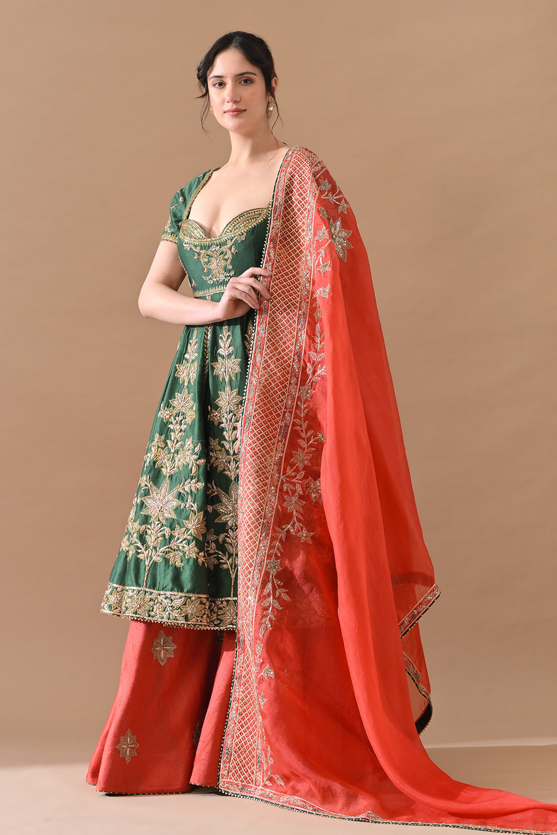 Green Zardozi Embroidered Lehenga With Contrast Handwork Dupatta
