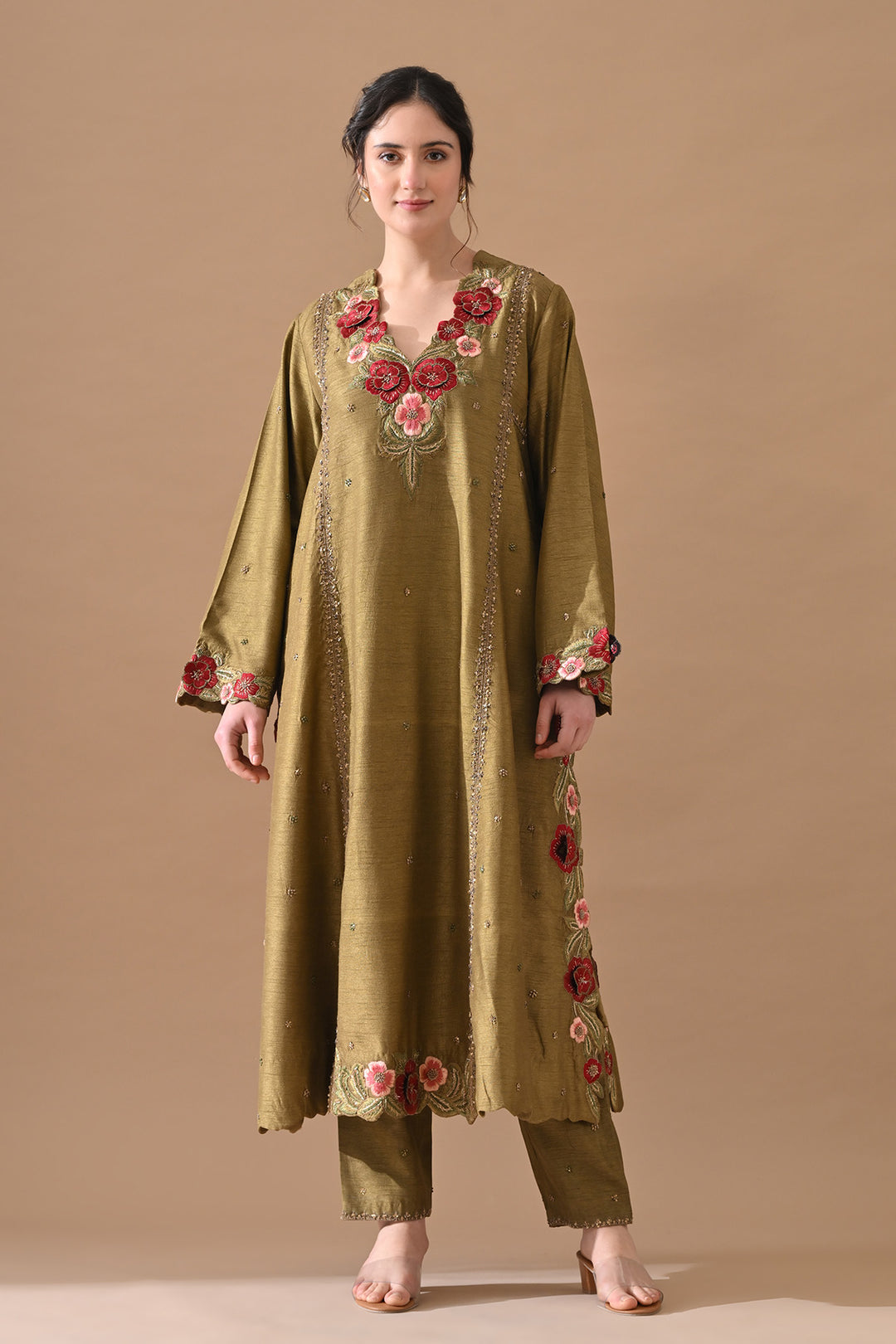 Olive Thread Embroidered Suit Set