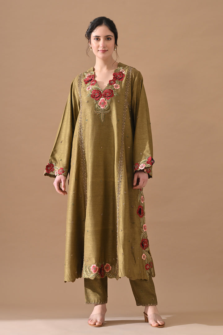 Olive Thread Embroidered Suit Set