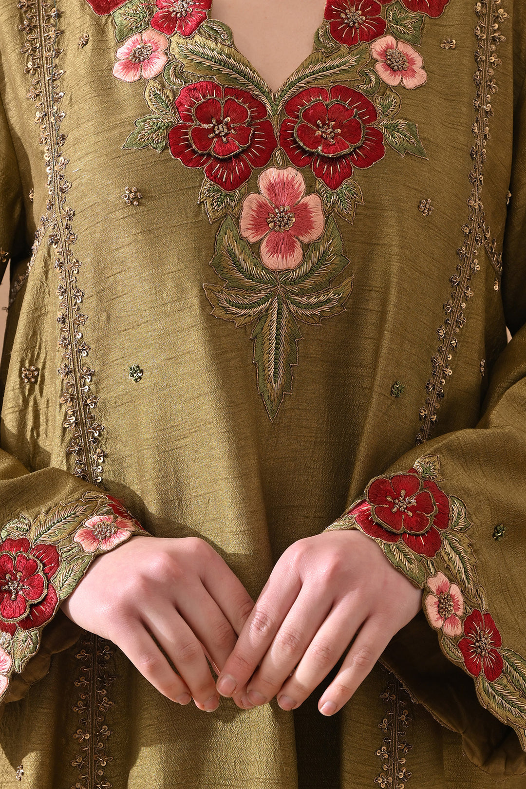 Olive Thread Embroidered Suit Set
