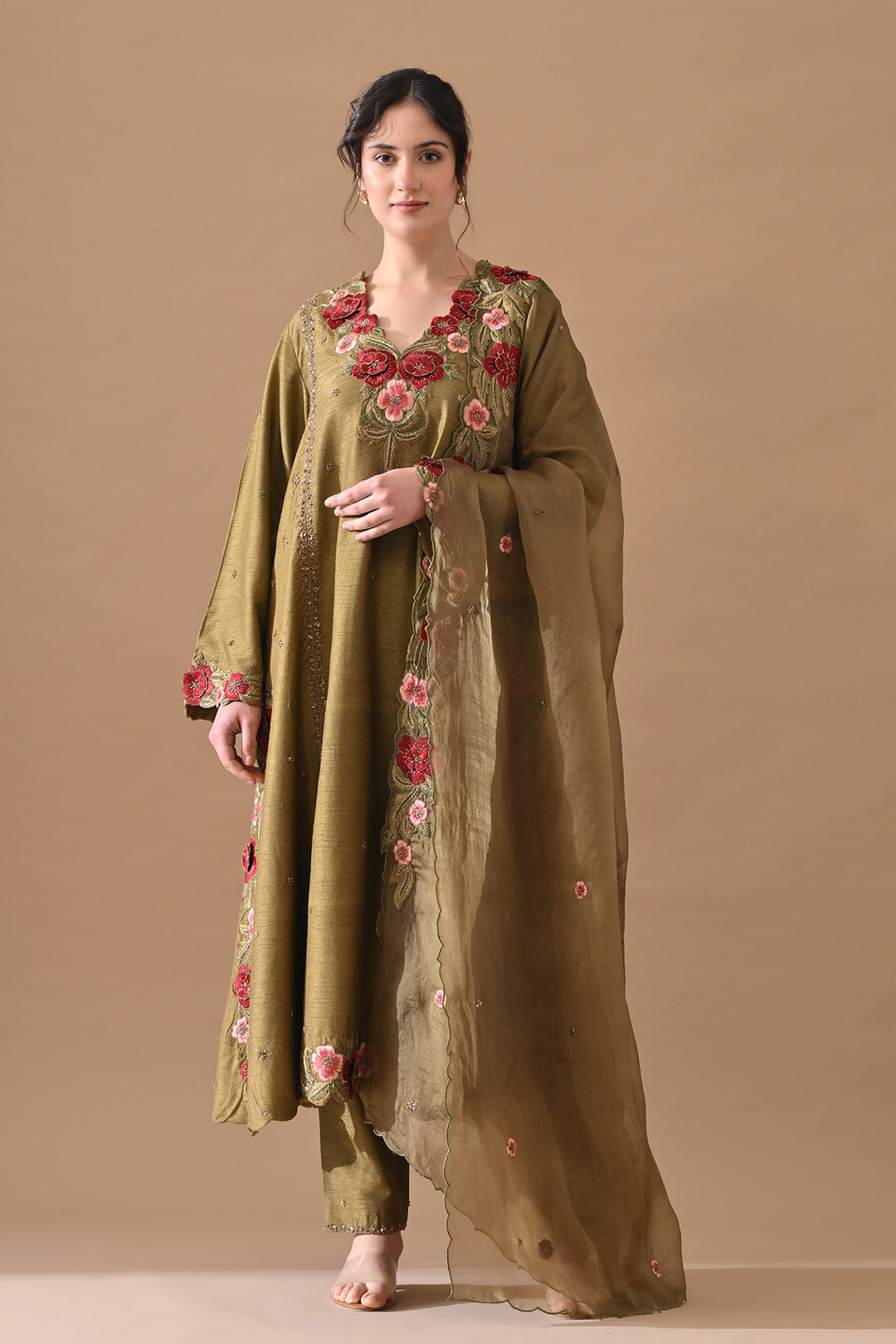 Olive Thread Embroidered Suit Set