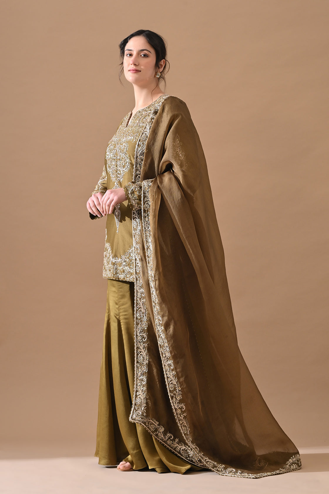 Olive Green Fine Zari Embroidered Suit Set