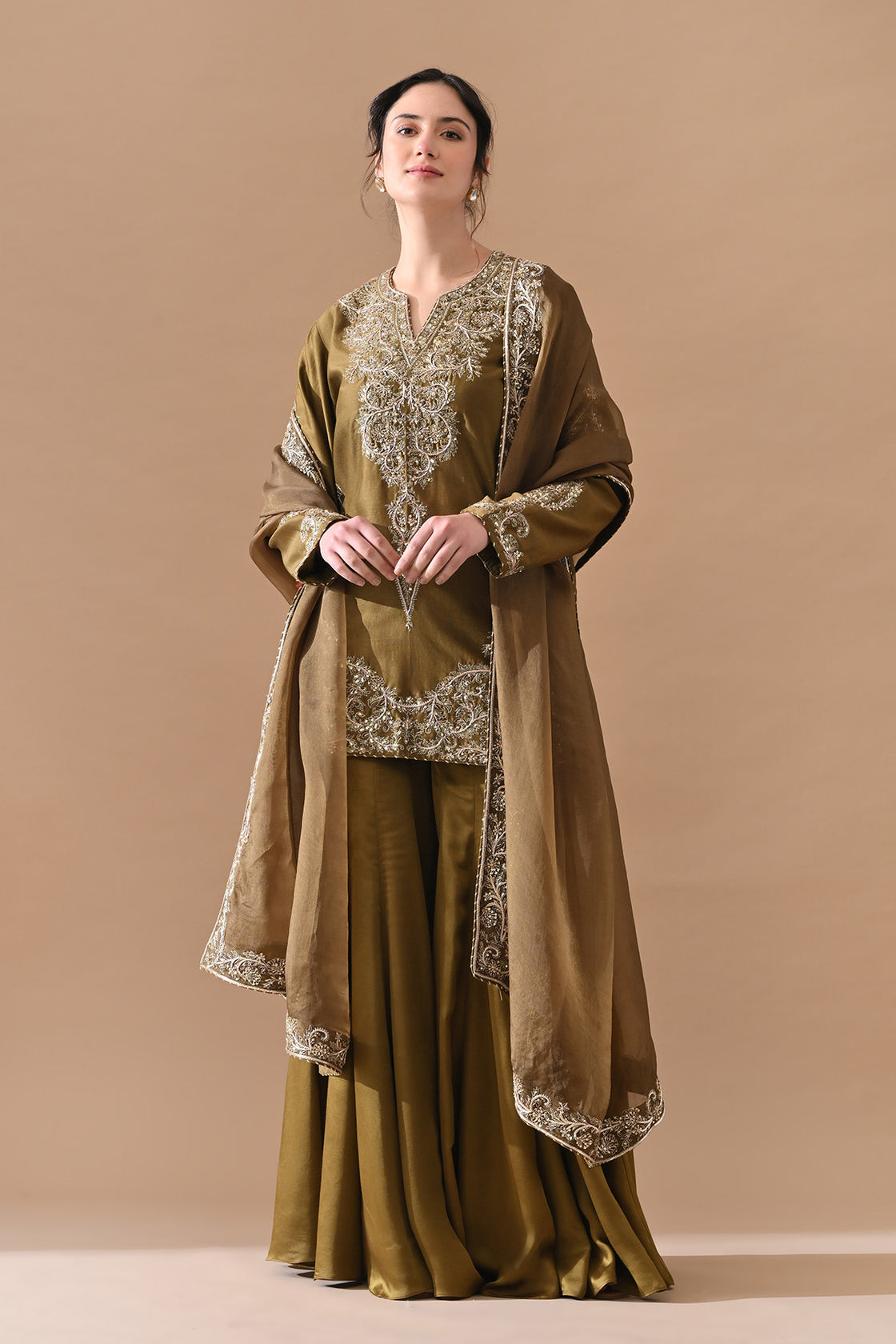 Olive Green Fine Zari Embroidered Suit Set