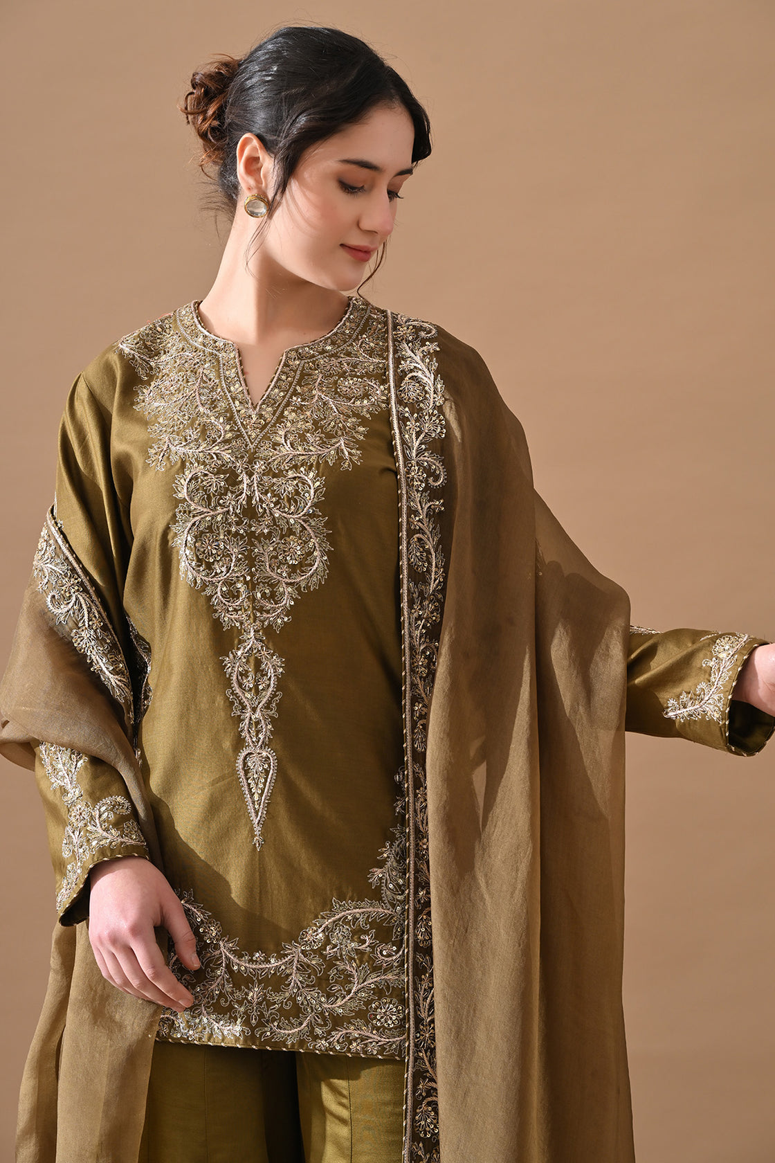 Olive Green Fine Zari Embroidered Suit Set