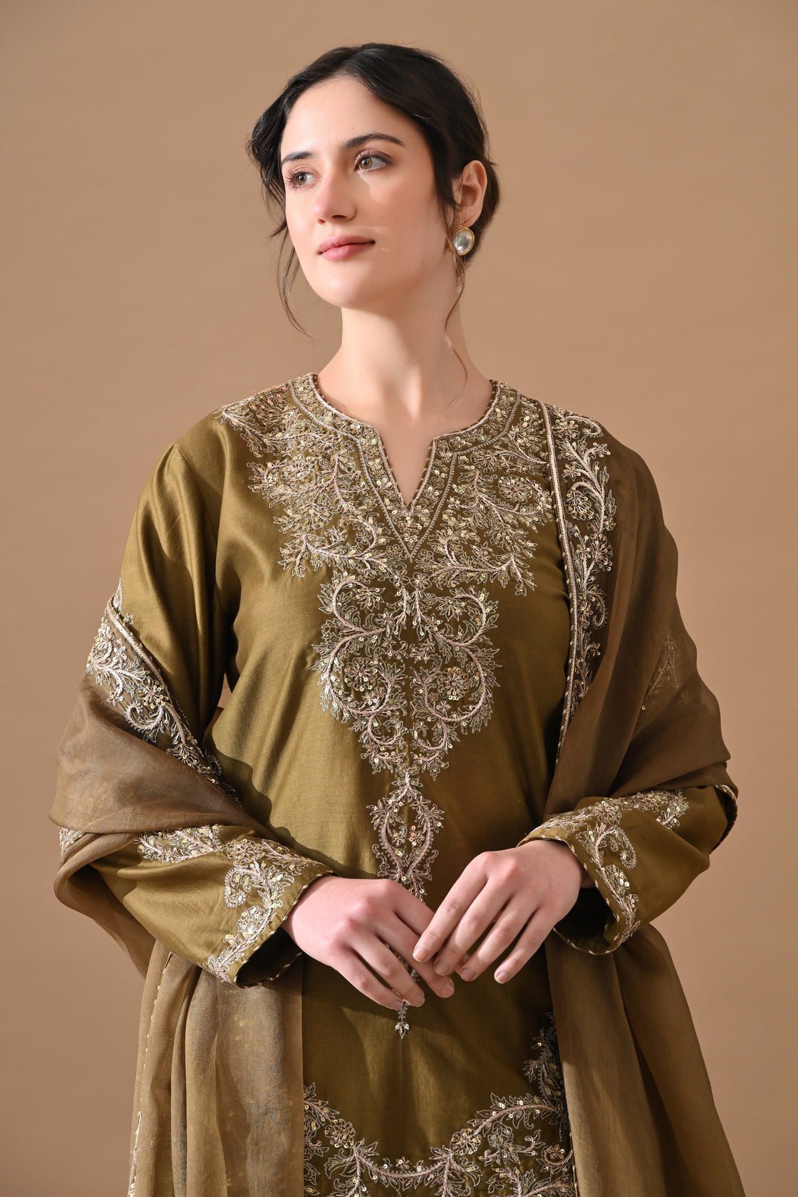 Olive Green Fine Zari Embroidered Suit Set