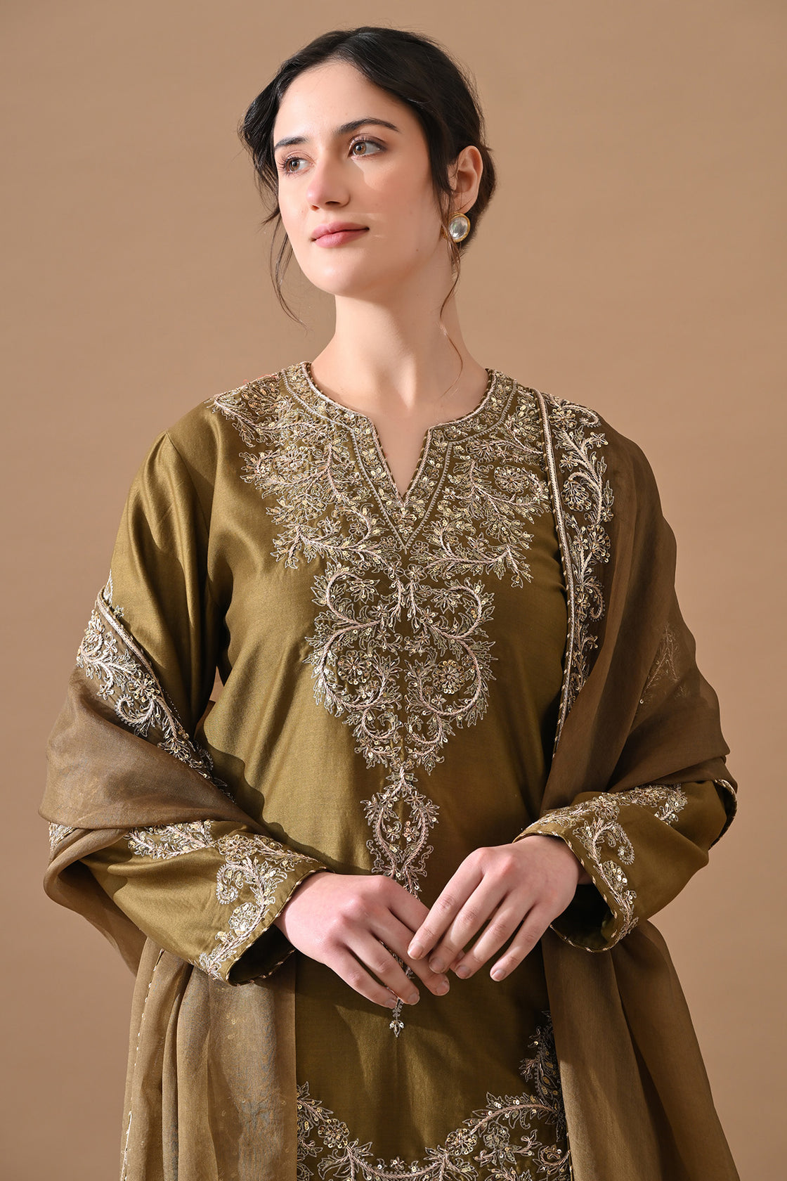 Olive Green Fine Zari Embroidered Suit Set