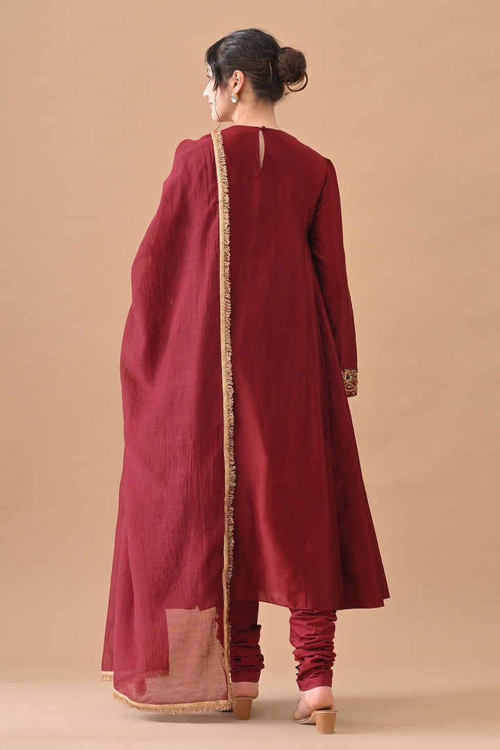 Deep Maroon Detailed Neckwork Embroidery Suit Set
