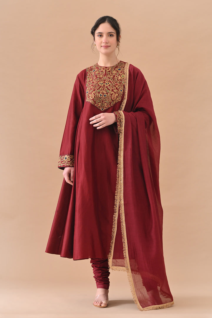 Deep Maroon Detailed Neckwork Embroidery Suit Set