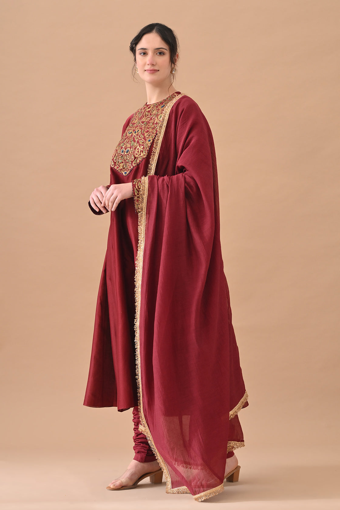 Deep Maroon Detailed Neckwork Embroidery Suit Set