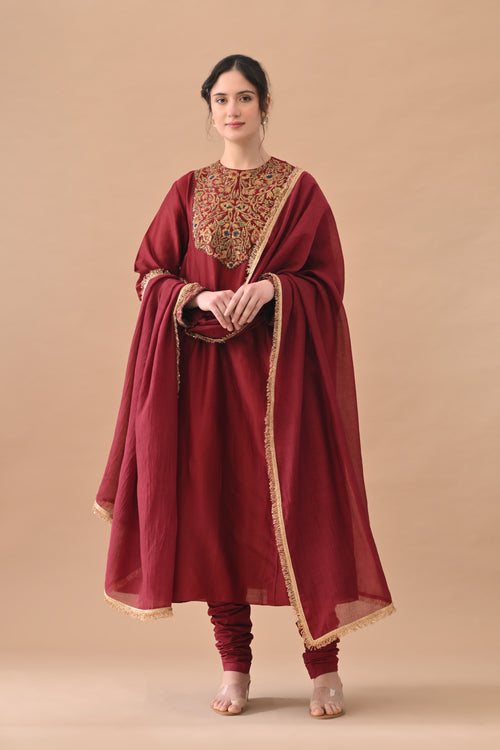 Deep Maroon Detailed Neckwork Embroidery Suit Set