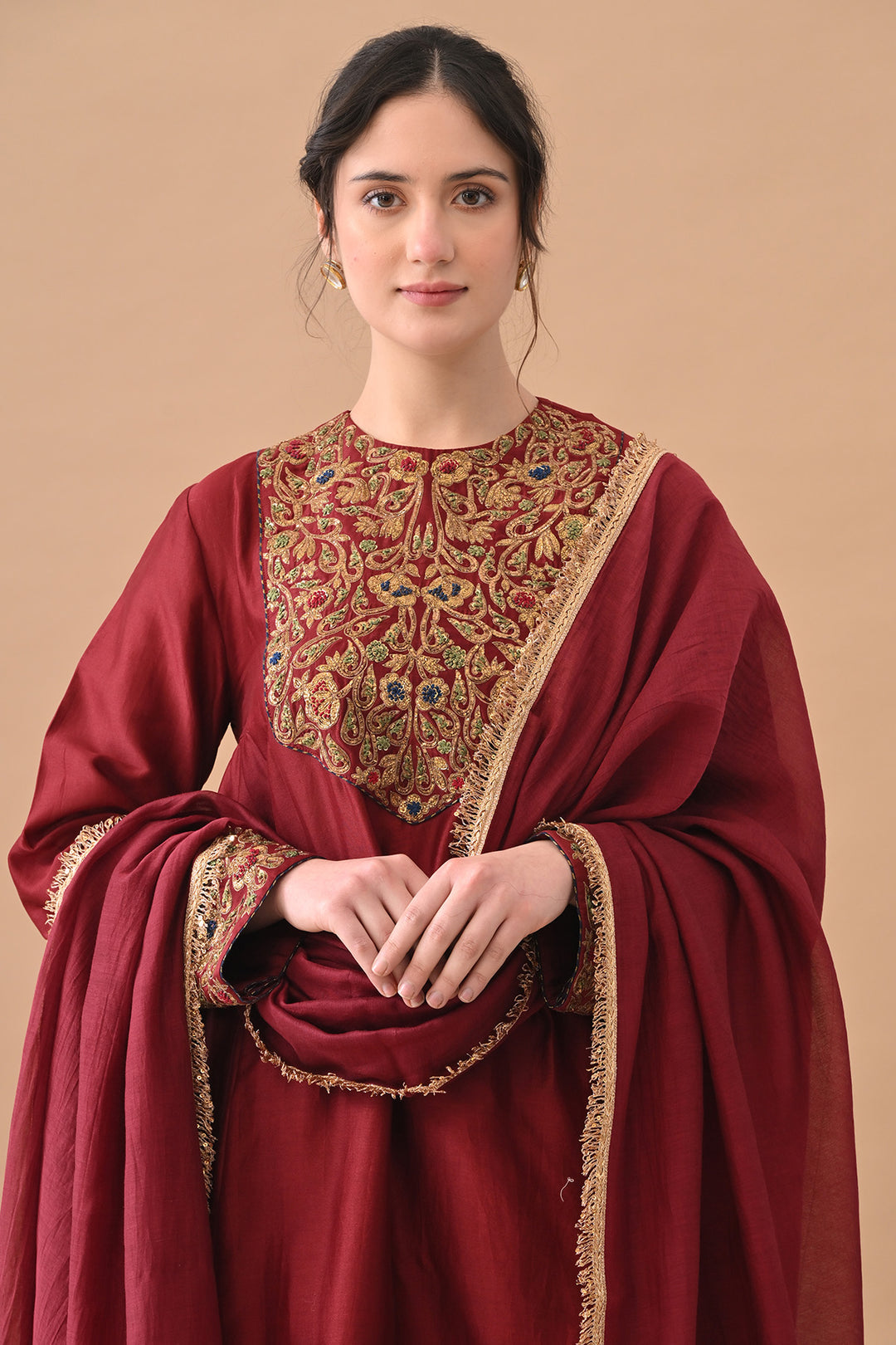 Deep Maroon Detailed Neckwork Embroidery Suit Set