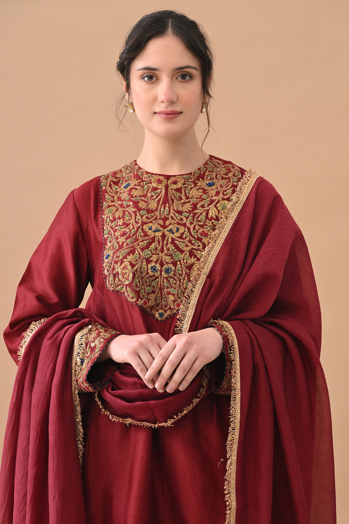 Deep Maroon Detailed Neckwork Embroidery Suit Set
