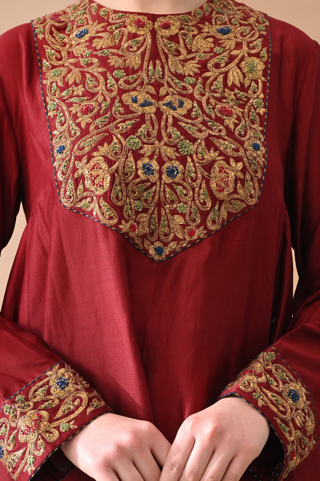 Deep Maroon Detailed Neckwork Embroidery Suit Set
