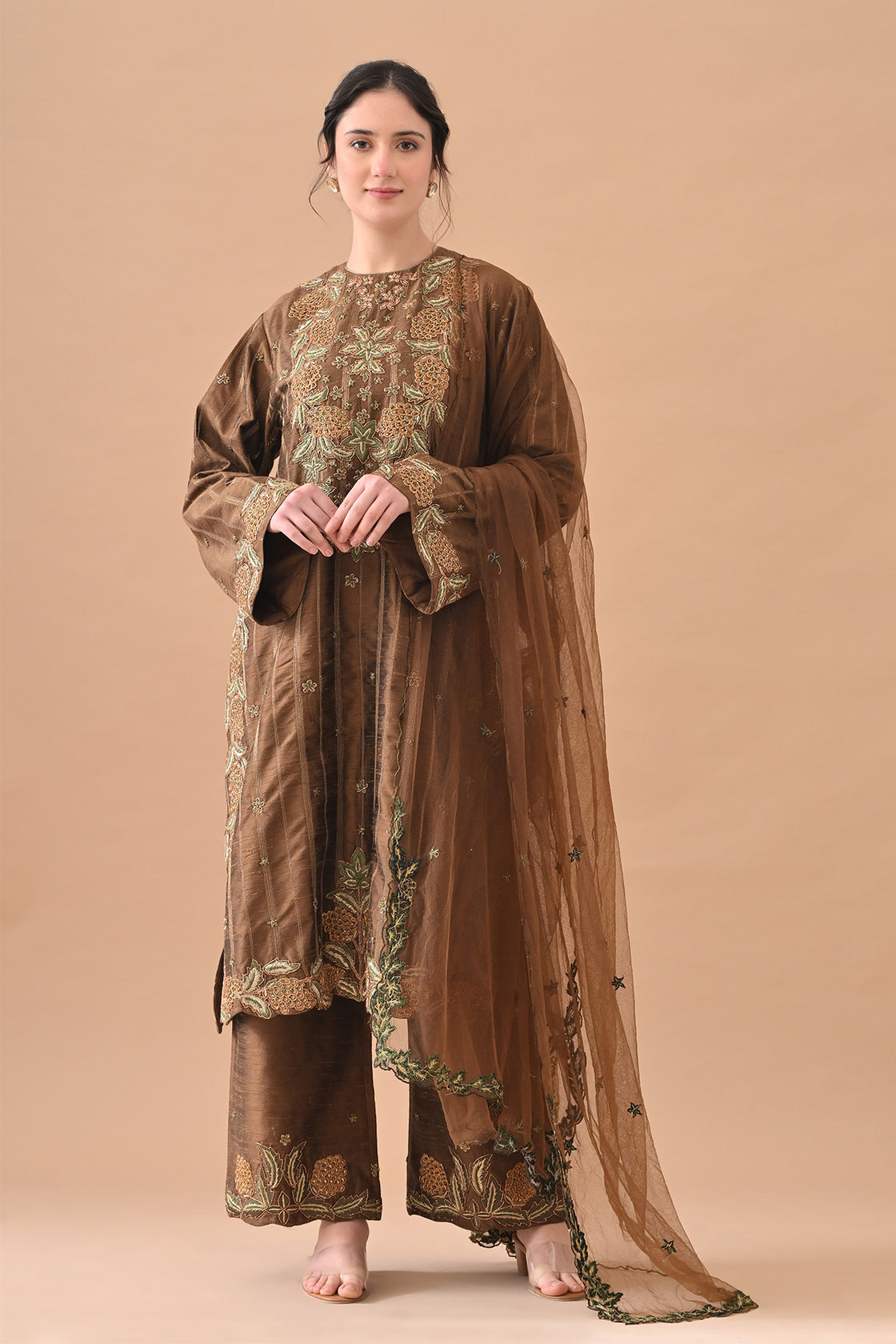 Olive Regal Floral Embroidered Suit Set