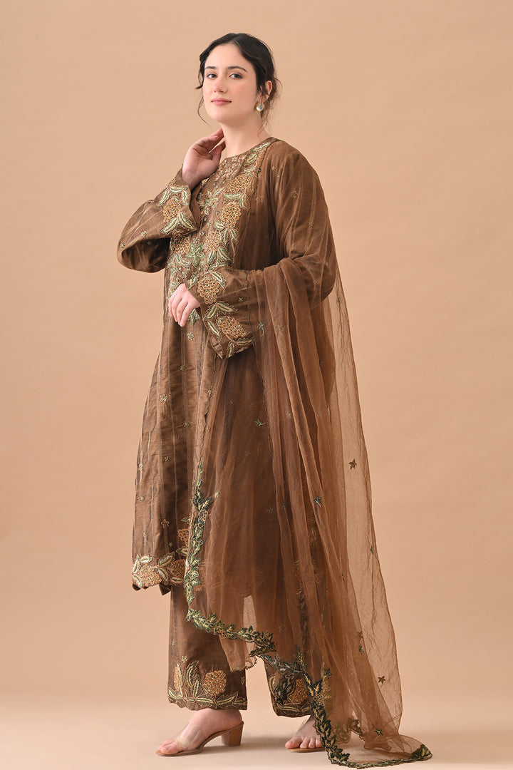 Olive Regal Floral Embroidered Suit Set