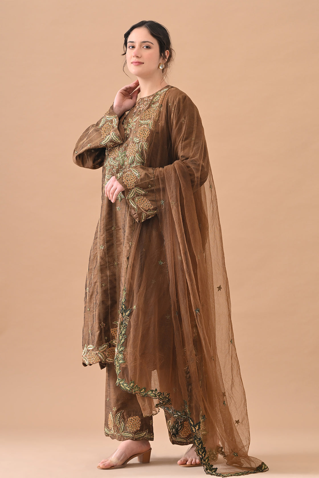 Olive Regal Floral Embroidered Suit Set