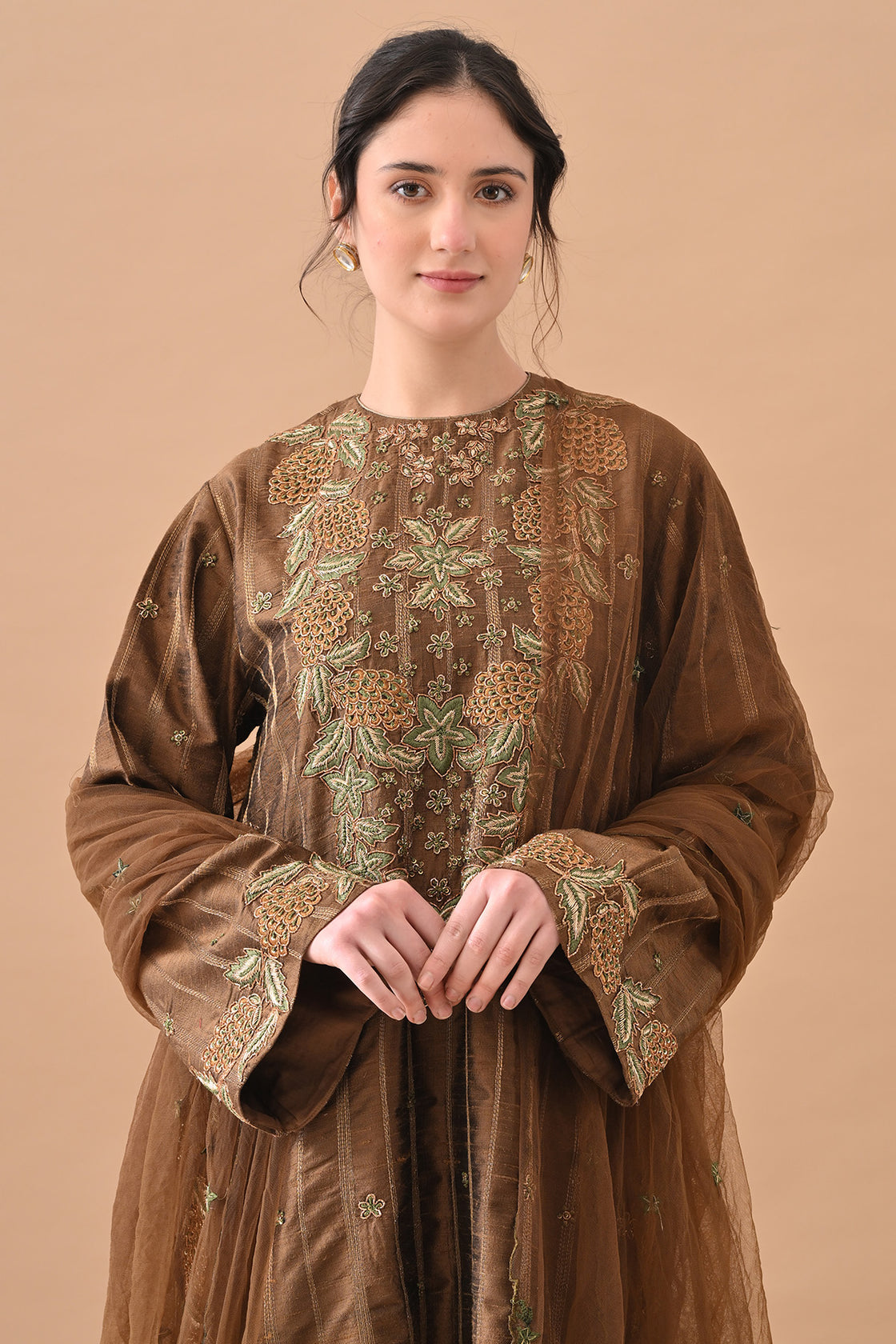Olive Regal Floral Embroidered Suit Set