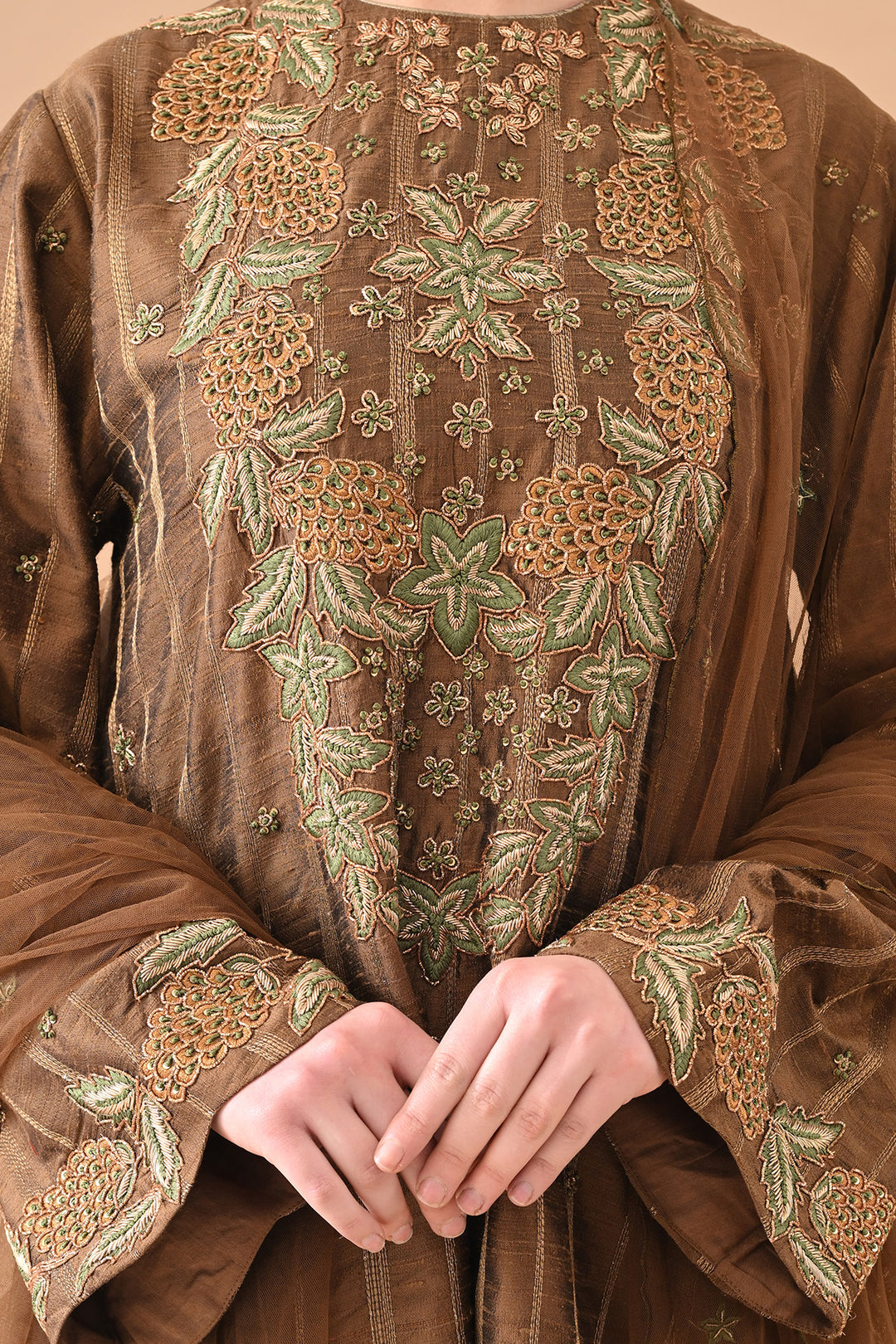 Olive Regal Floral Embroidered Suit Set