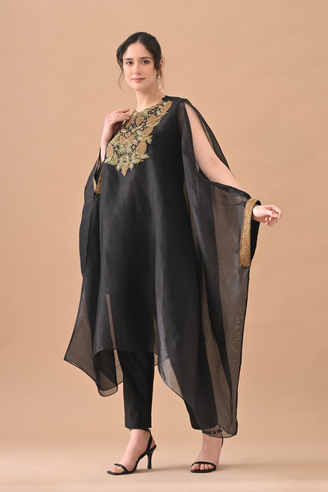 Midnight Black Gold Embroidered Kaftan Set