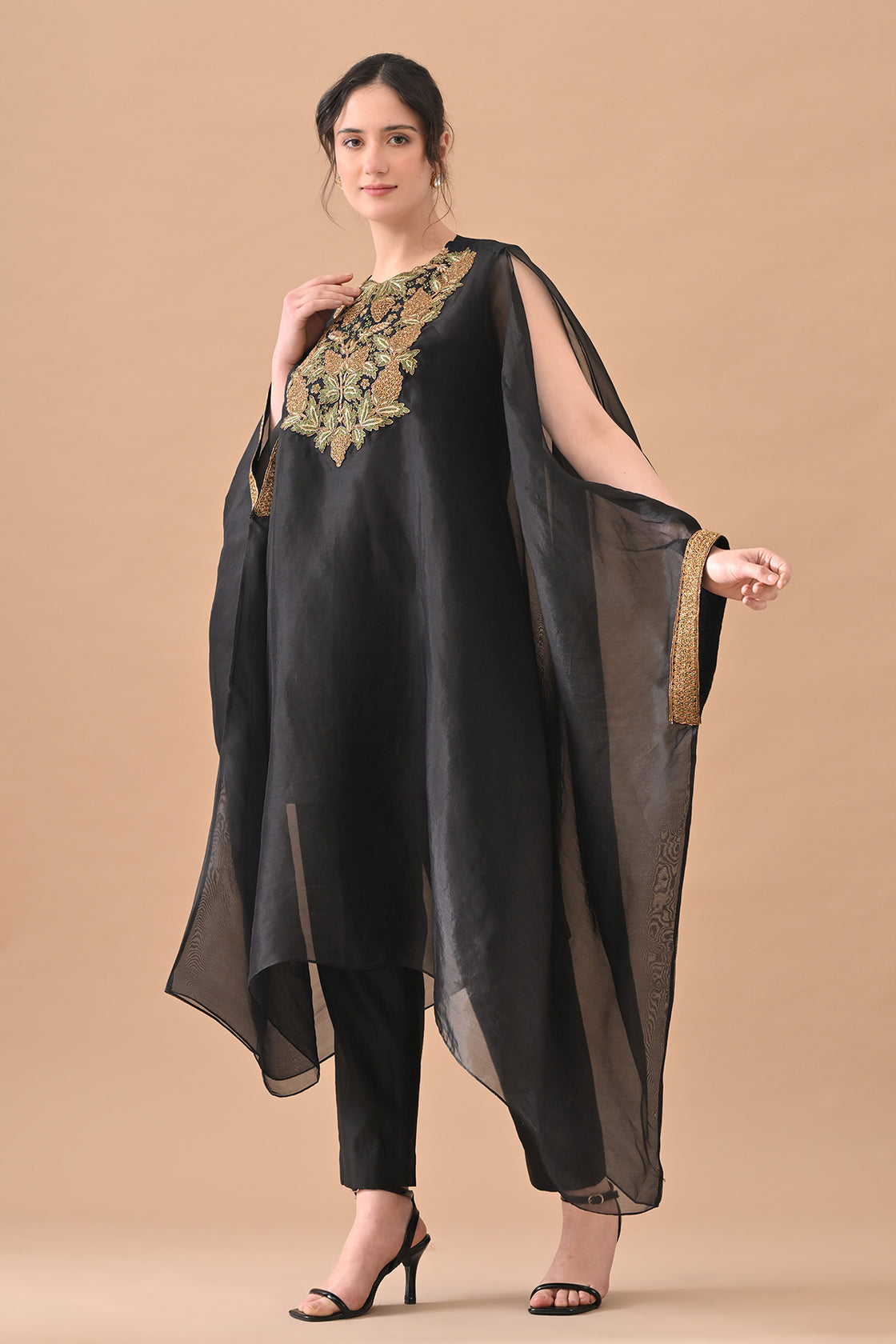 Midnight Black Gold Embroidered Kaftaan Set