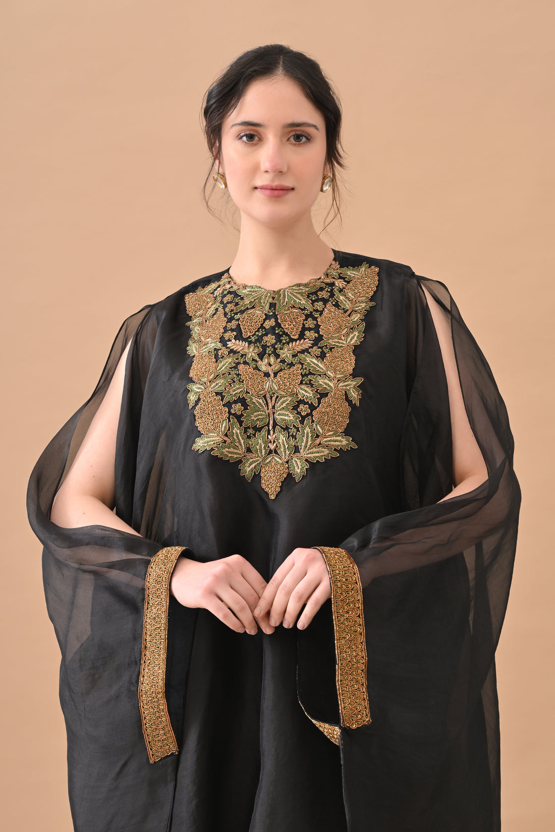 Midnight Black Gold Embroidered Kaftan Set