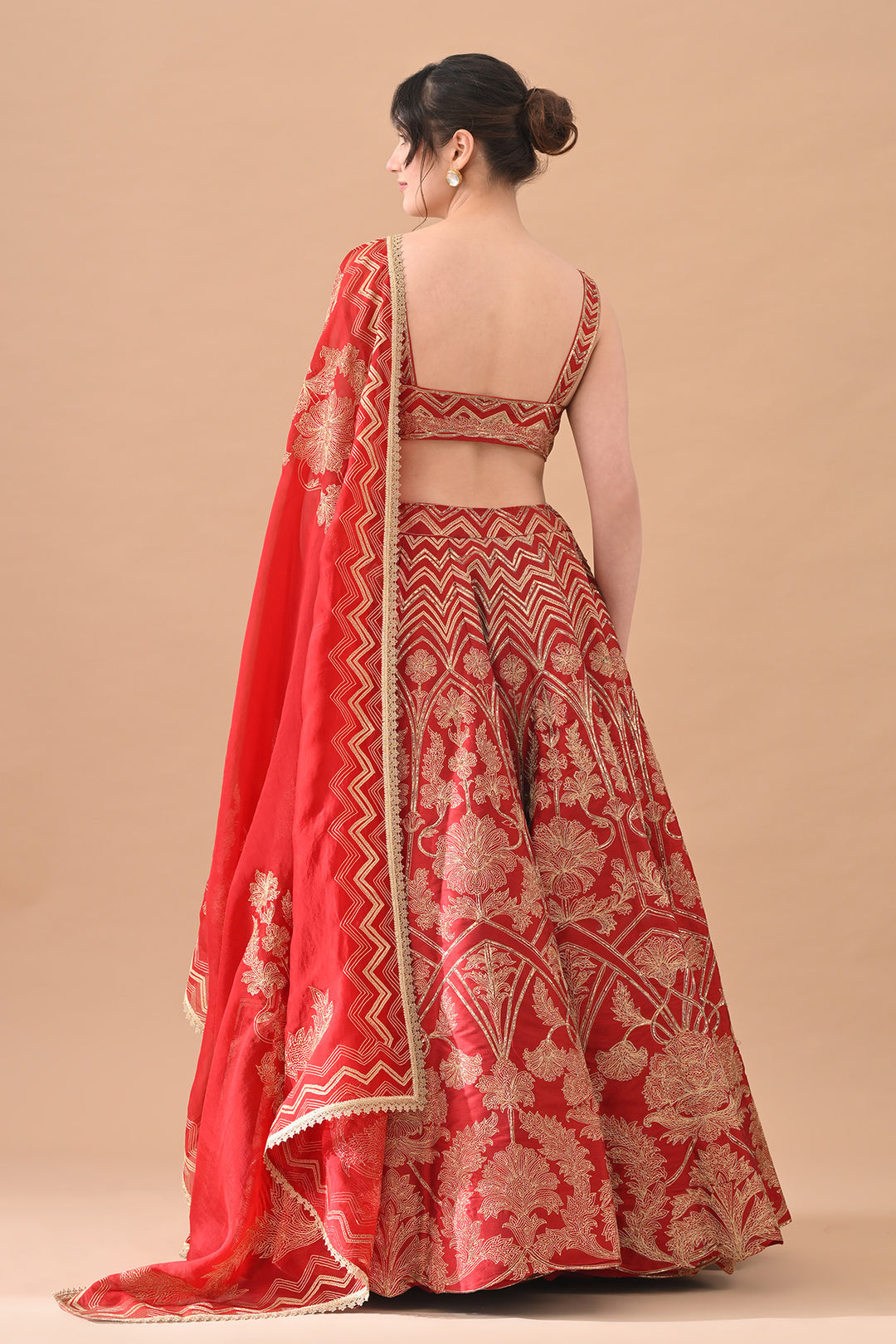 Red Regal Gold Aari Work Lehenga