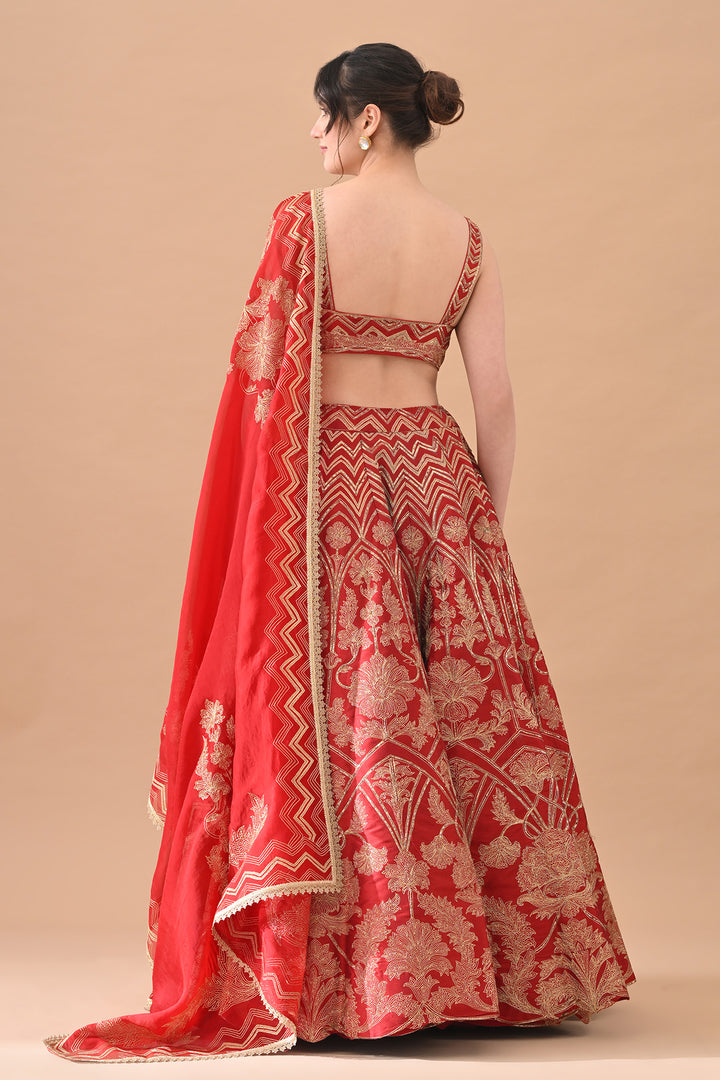 Red Regal Gold Aari Work Lehenga