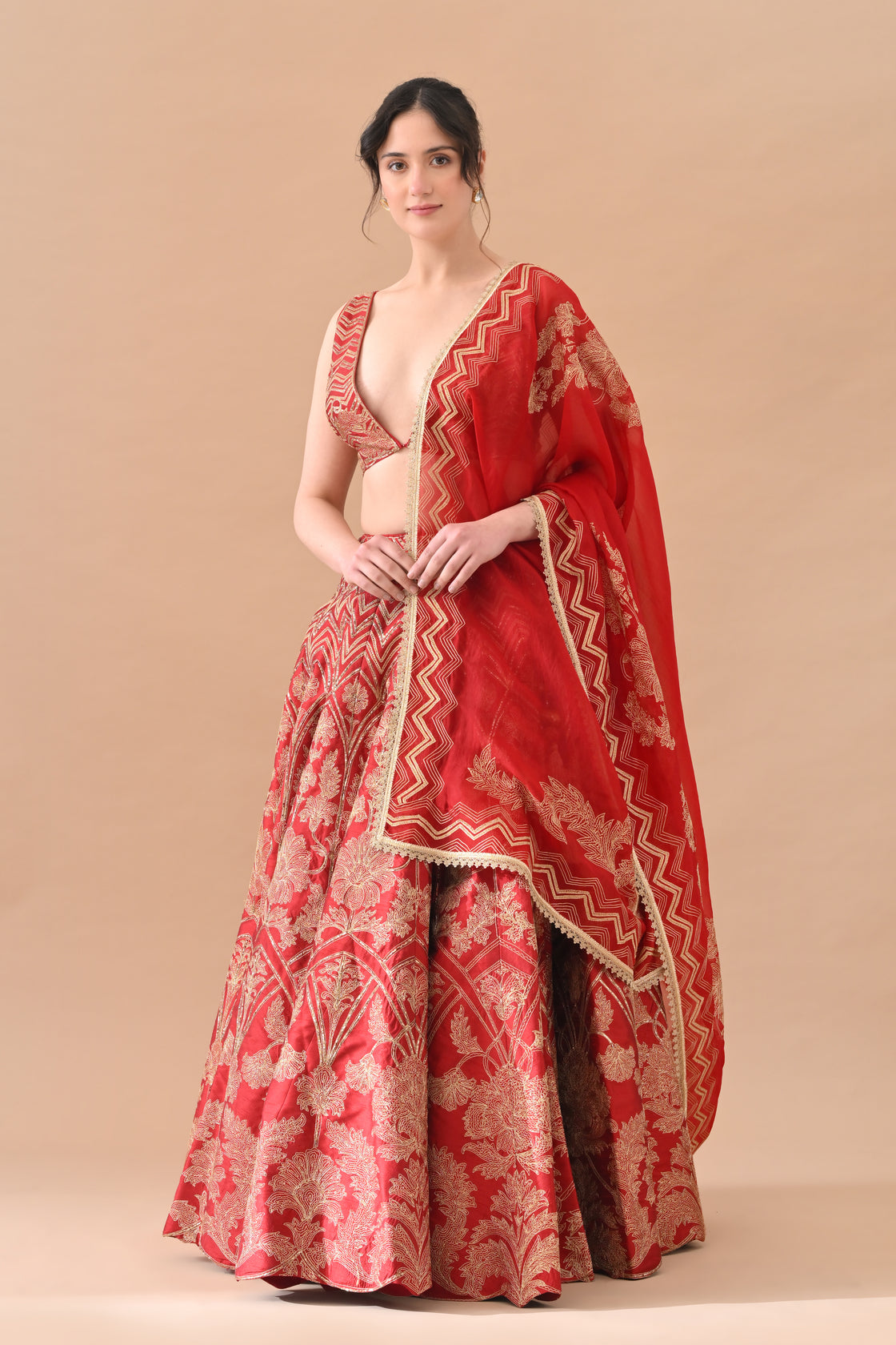 Red Regal Gold Aari Work Lehenga
